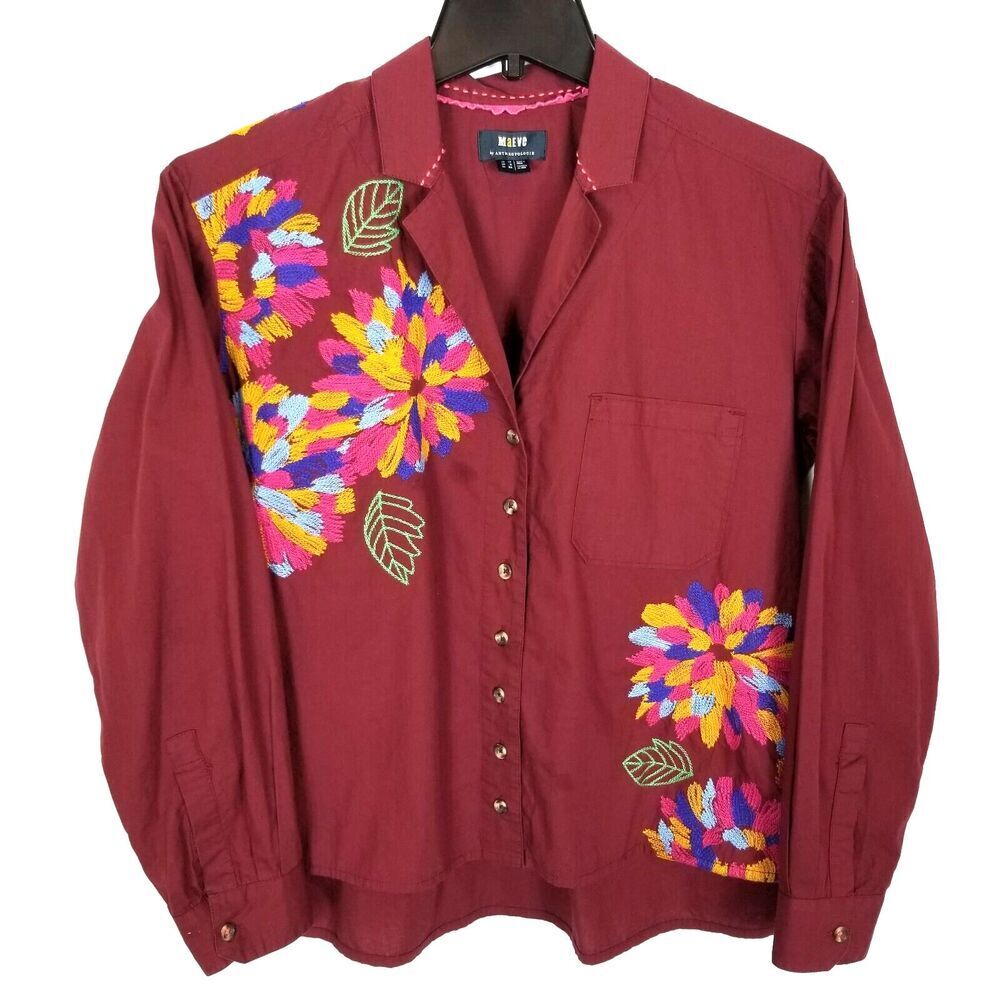 Anthropologie Maeve Women Embroidered Button Up Blouse Sz 6 Mauve Floral Boho‎